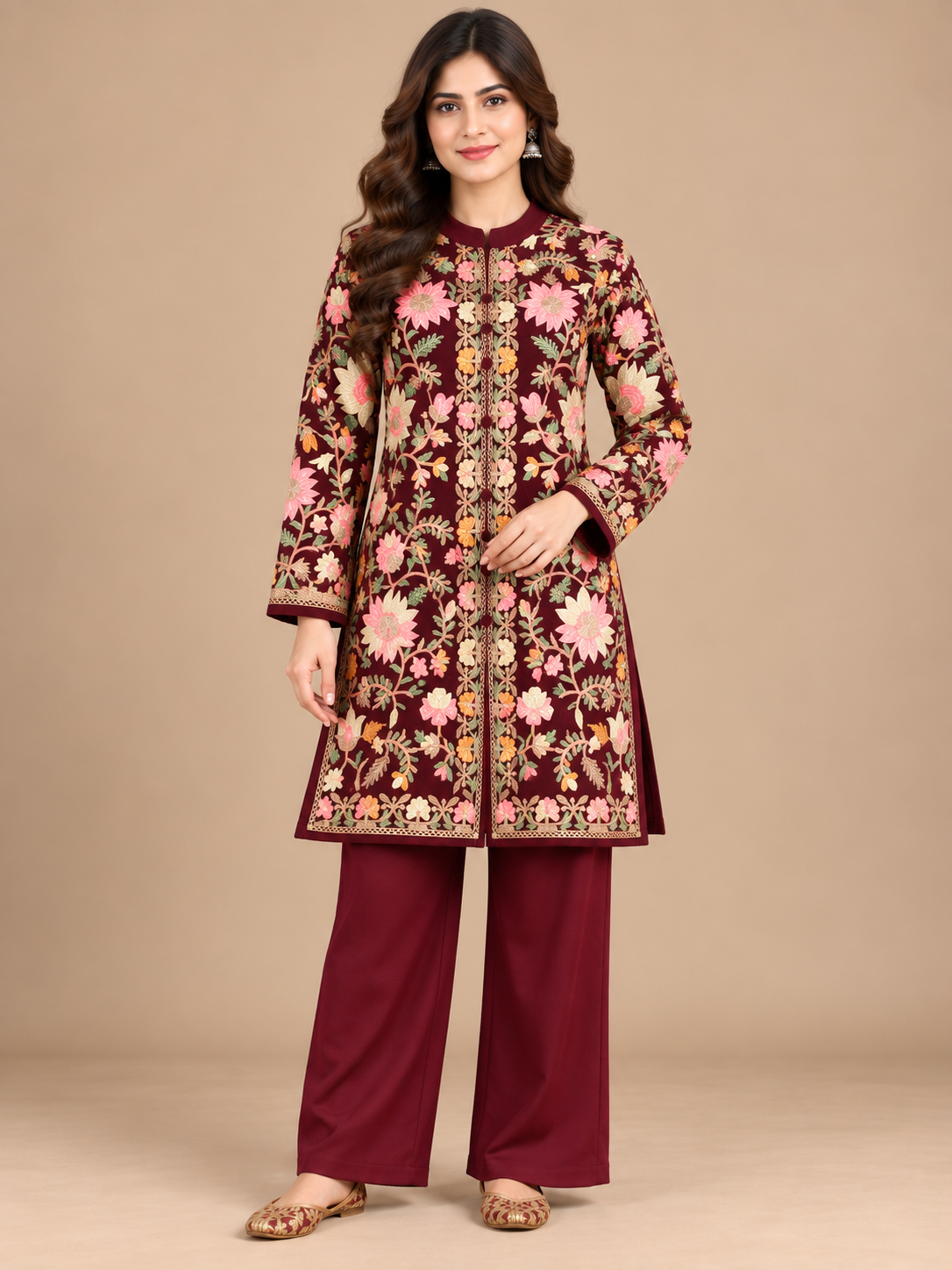 Women’S Embroidered Woolen Kurta With Straight-Fit Pants Co-Set Mahroon