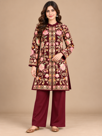 Women’S Embroidered Woolen Kurta With Straight-Fit Pants Co-Set Mahroon