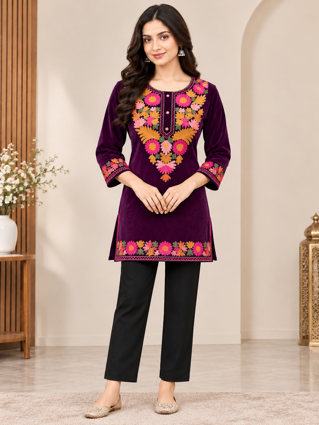Clapton PURPLE Wolen Winter wear Embroidered Kashmiri Aari Work Kurta (PHERAN)