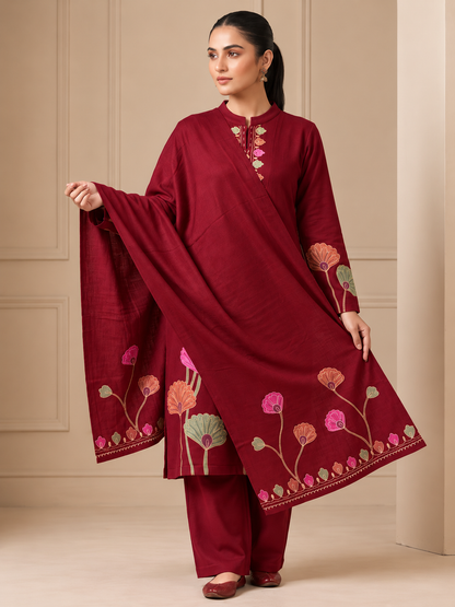Woolen Embroidered  winter wear Kurti & Pant and Dupatta Set Maroon