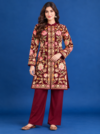 Women’S Embroidered Woolen Kurta With Straight-Fit Pants Co-Set Red