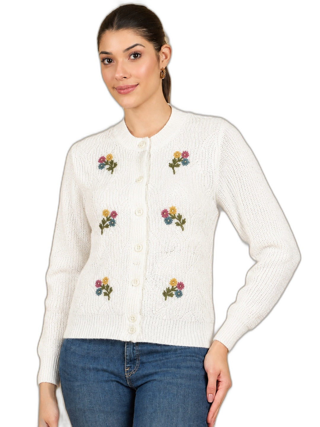 CLAPTON Women's WHITE Knitted Floral Embroidered Cardigan