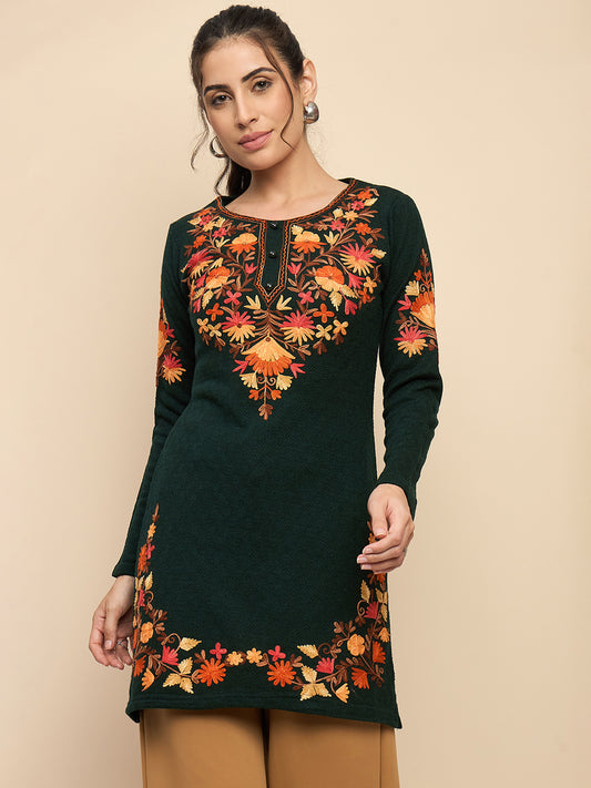 Women Multicolor Embroidered wool Blend  Kurta Green Winter Wear
