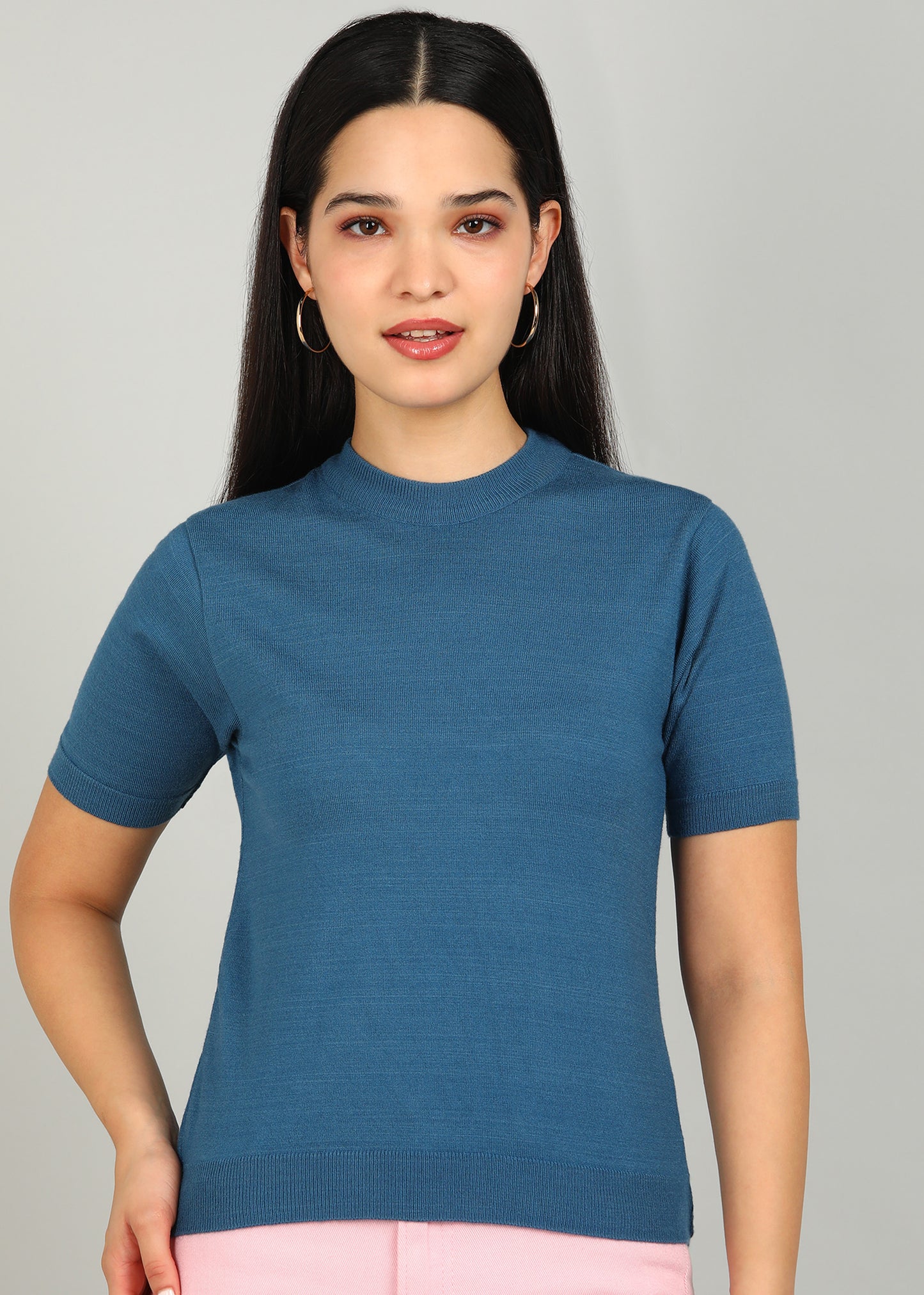 Women Solid Color Round Neck Half Sleeve Viscose T-Shirt Royal