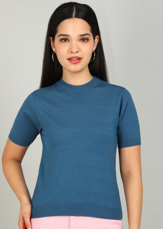 Women Solid Color Round Neck Half Sleeve Viscose T-Shirt Royal