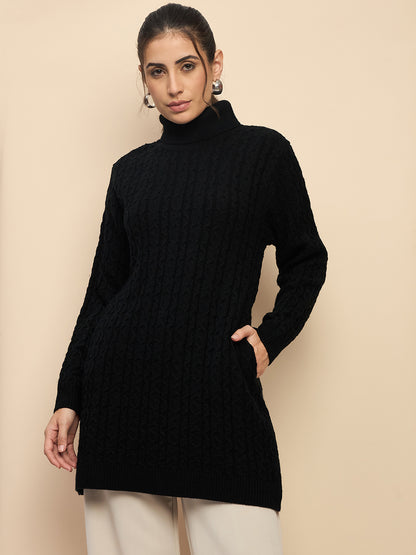 Clapton High Neck Cable Knitted Woolen Dress Black