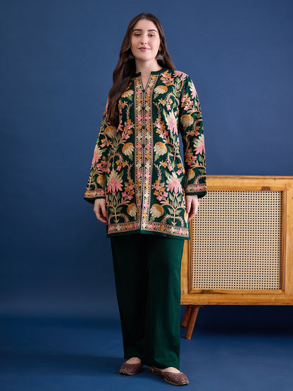 Women’S Embroidered Woolen Kurta With Straight-Fit Pants Co-Set Green