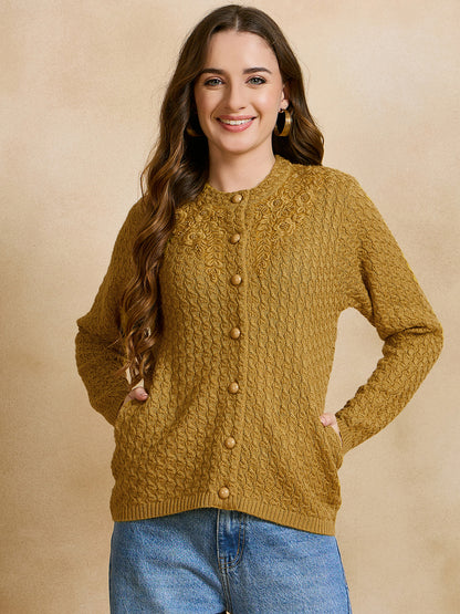 Clapton Floral Embroidered Knit  Design Pure Wool Cardigan Gold