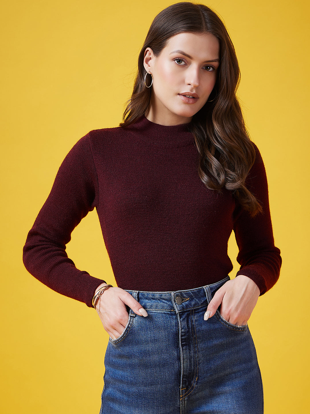 Wool Blend Crew Neck Full Sleeve Mehroon Top