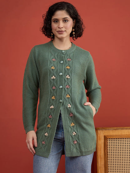 CLAPTON Women Floral Woolen Cardigan with Embroidered Pista
