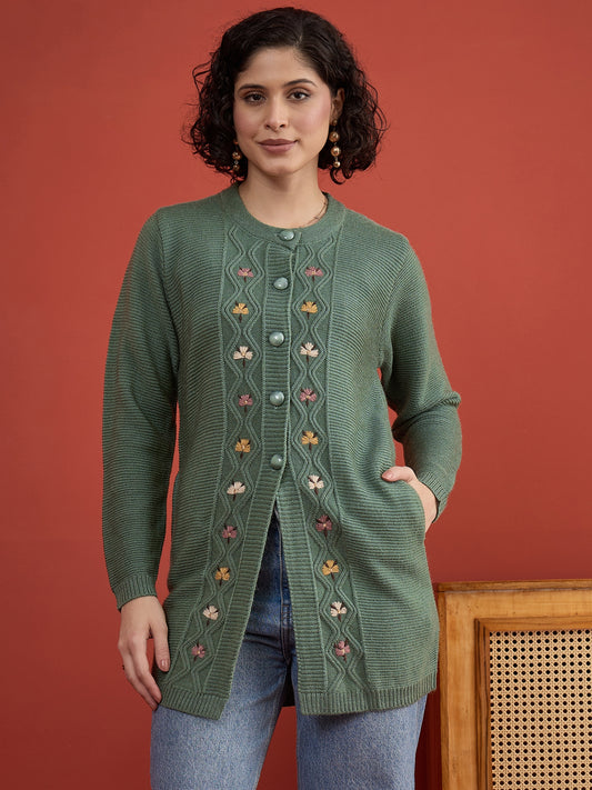CLAPTON Women Floral Woolen Cardigan with Embroidered Pista