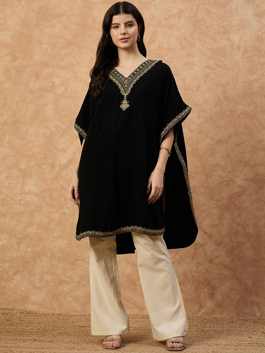 Clapton Women’s Wool Kaftan Kurti –  Black, Golden Embroidery -6201