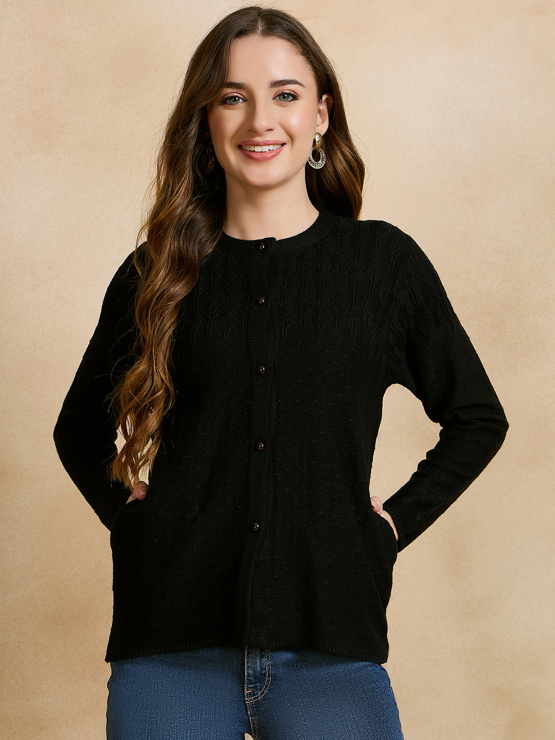 Wool Blend Round Neck Black cardigan