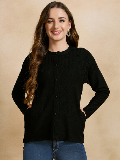 Wool Blend Round Neck Black cardigan