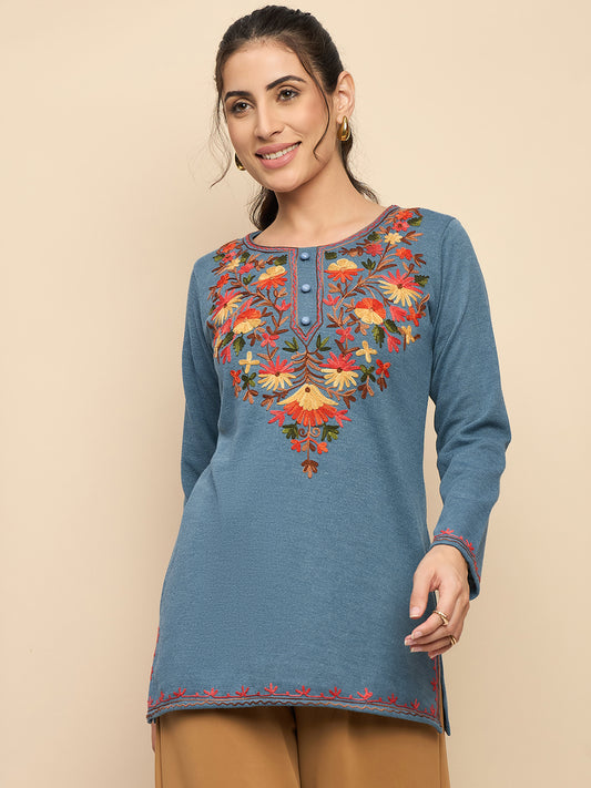 Women's  Kurti with Multicolor Floral Embroidery, Long Sleeves,winter wear Sky