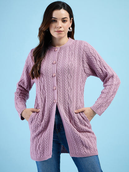Clapton Cable Knit  Design Woolen  Longline Cardigan Sweater for women and Girls Pink