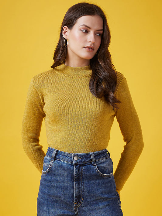 Wool Blend Crew Neck Full Sleeve Gold Top
