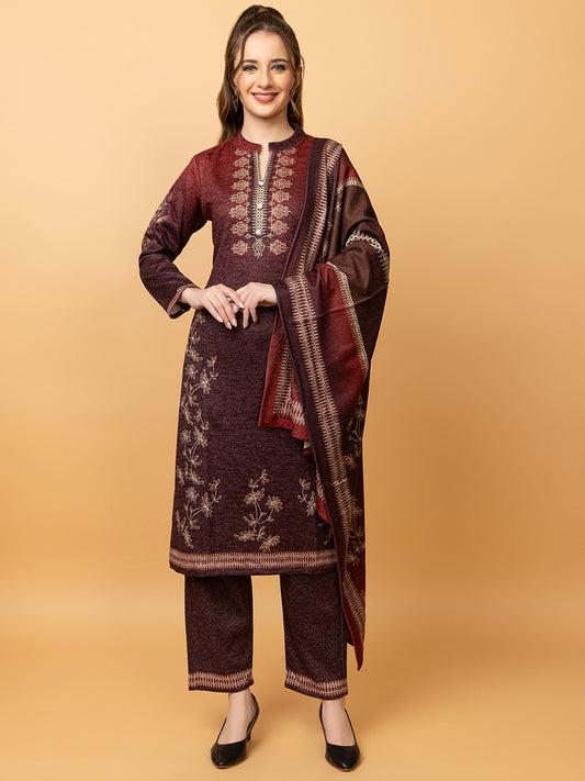 Clapton Pure Wool Winter Wear Embroidered Straight Kurta Pant With Dupatta Set maroon