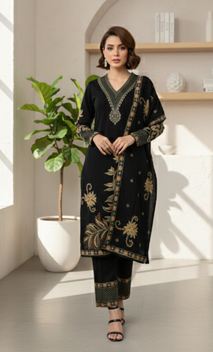 Clapton Embroidered Straight Kurta Pant With Dupatta Set Black