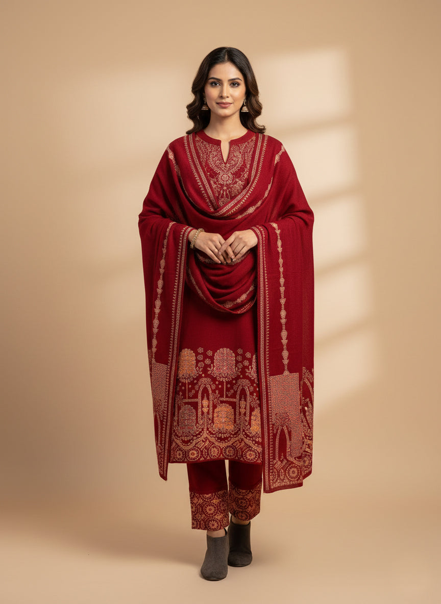 Clapton Embroidered  wool blends for winter wear Straight-fit kurta with trousers and a dupatta (shawl) RED