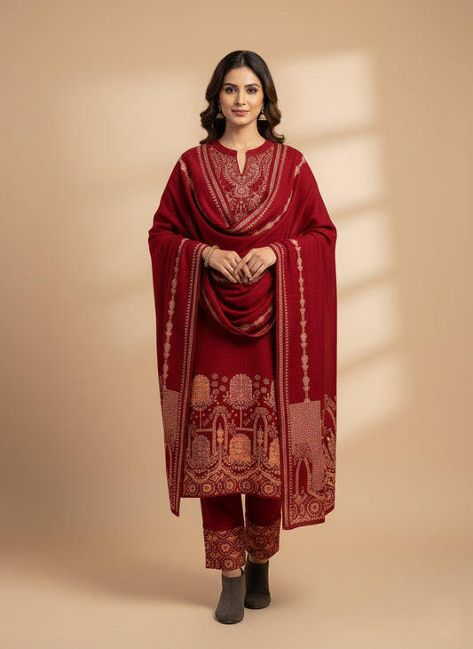 Clapton Embroidered  wool blends for winter wear Straight-fit kurta with trousers and a dupatta (shawl) RED
