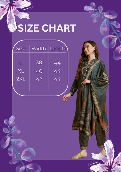 Clapton Printed Work Straight Kurta Pant With Dupatta Set Green