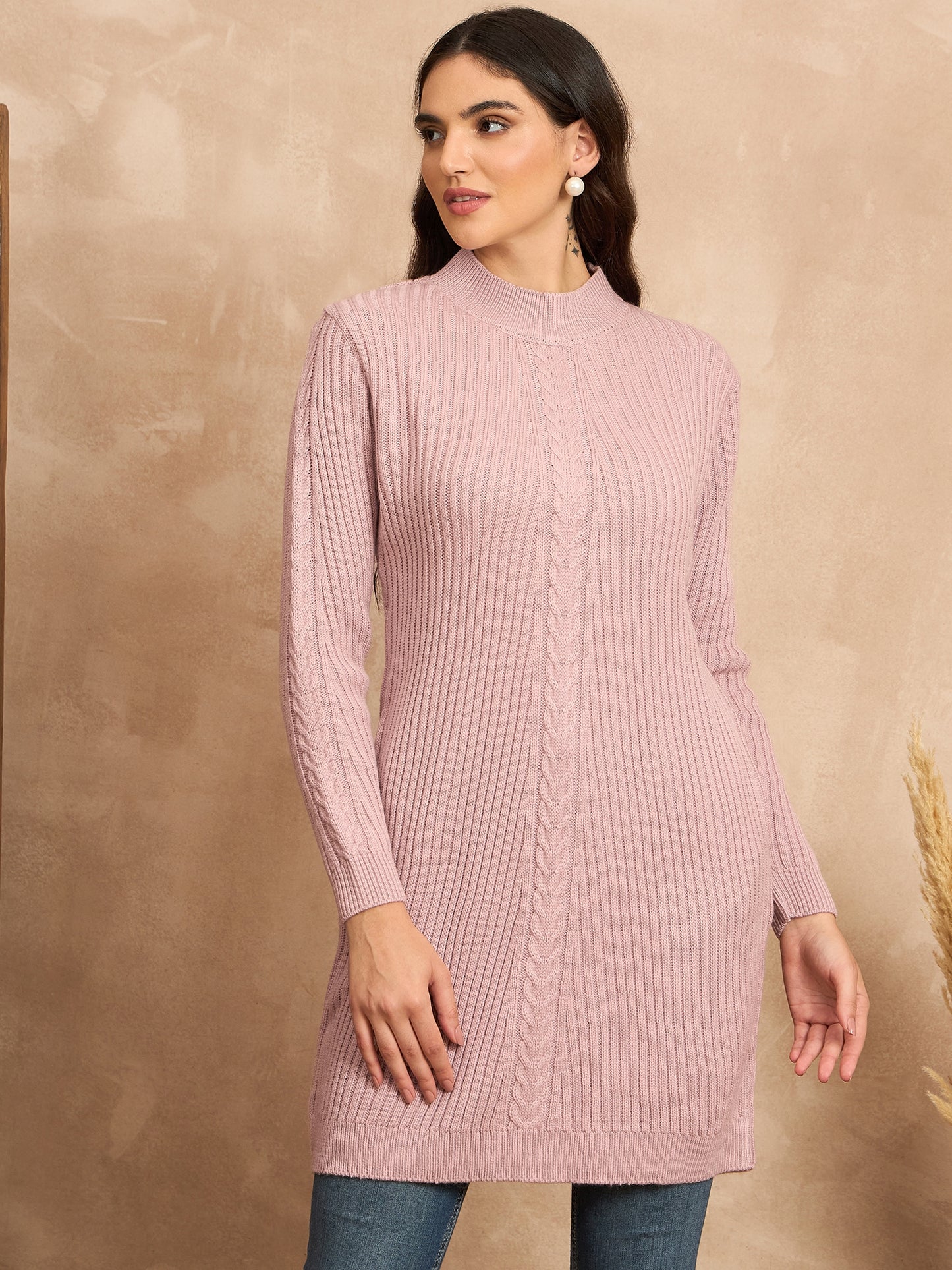 CLAPTON Women’s Wool Blend Ribbed Knit Tunic Sweater with Mock Neck & Full Sleeves Light pink