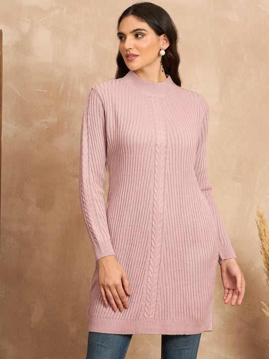 CLAPTON Women’s Wool Blend Ribbed Knit Tunic Sweater with Mock Neck & Full Sleeves Light pink