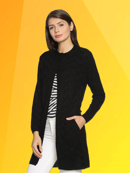 Wool Blend Round Neck Black Long Shrug