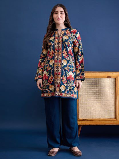 Women’S Embroidered Woolen Kurta With Straight-Fit Pants Co-Set Peacock