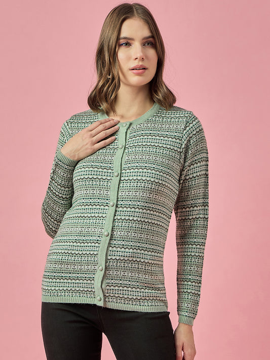 Women Pista Self Striped Round Neck Cardigan