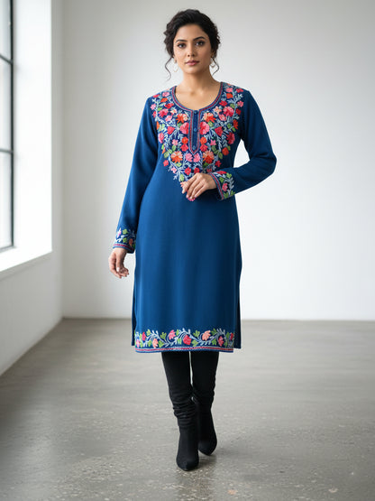 Clapton Blue Wolen Winter wear Embroidered Kashmiri Aari Work Kurta (PHERAN)