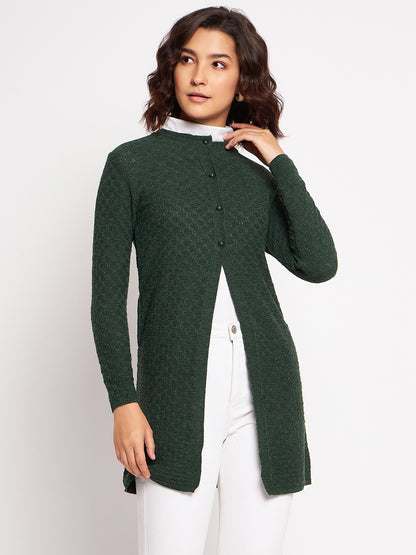 Wool Blend Round Neck Green Long Shrug