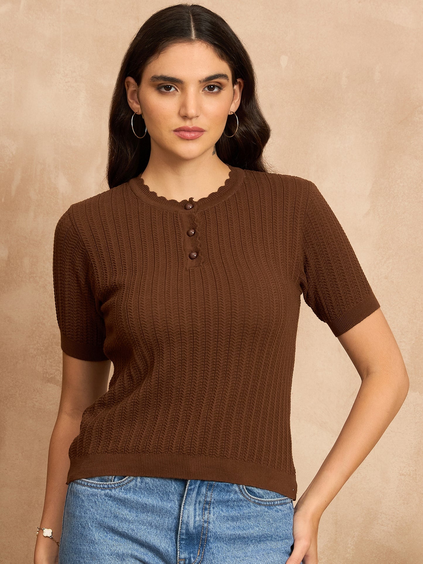 Clapton Women Knitted  Round Neck  T-shirt BROWN-3105