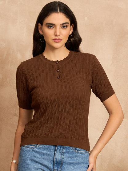 Clapton Women Knitted  Round Neck  T-shirt BROWN-3105