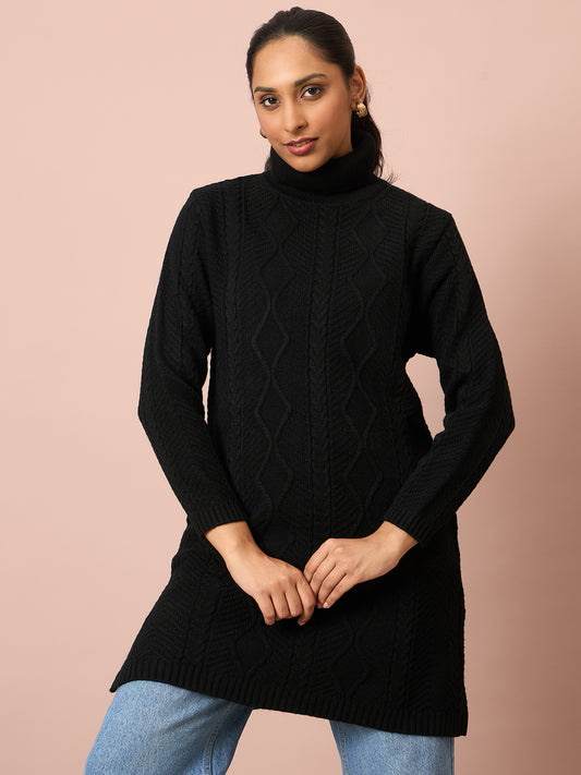 Clapton Cable Knitted  Wool Winter Wear Women’S Long Cardigan Black