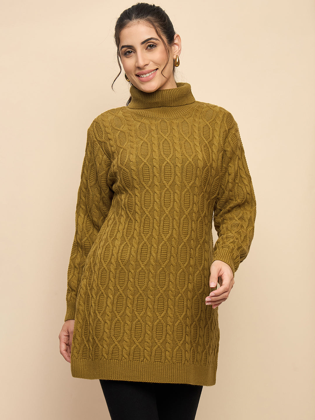 Clapton High Neck Cable Knitted Woolen Dress Gold