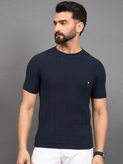 CLAPTON Men Knitted Round Neck T-shirt  Navy