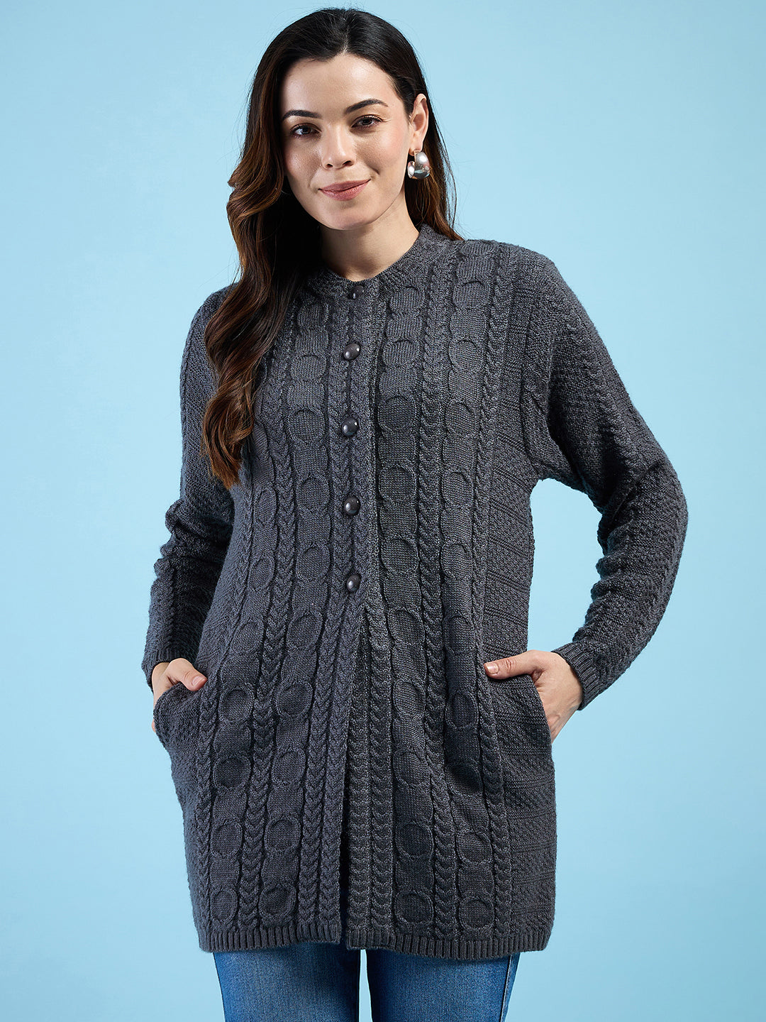 Clapton Cable Knit  Design Woolen  Longline Cardigan Sweater for women and Girls Dark Grey