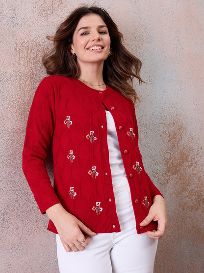 Women’s Embroidered Button-Front Knit Cardigan Red