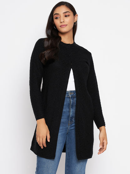 Wool Blend Round Neck Black Long Shrug
