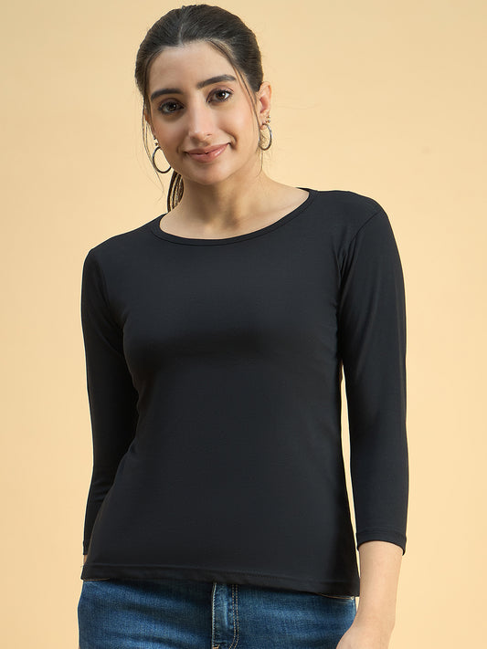 Clapton Crew Neck Tees Candy Cotton Lycra For Women Soild Black Summer wear