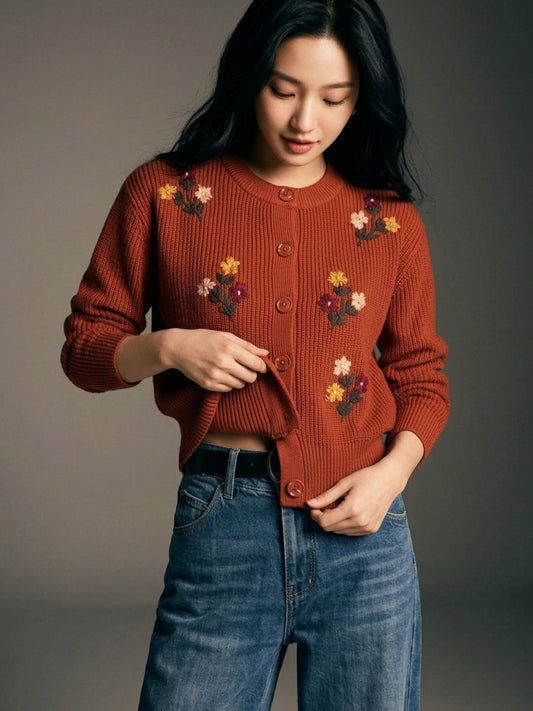 Women'S  Knit Cardigan With Floral Embroidery Rust