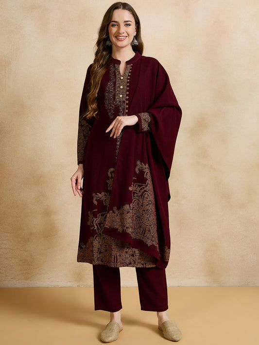 Clapton Embroidered Straight Kurta Pant With Dupatta Set Maroon