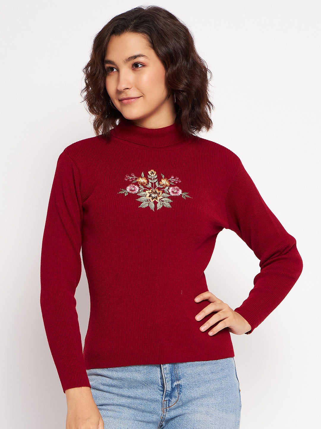 Wool Blend High Neck Mehroon Top With Embroidery