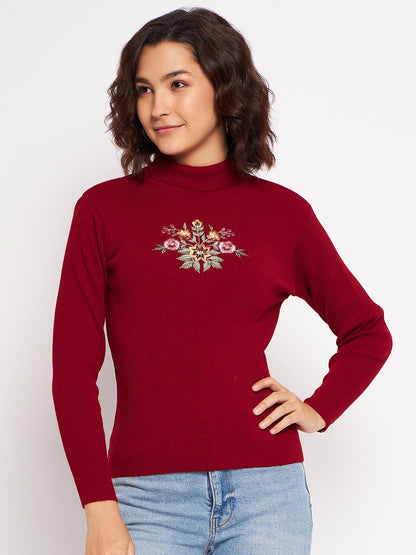 Wool Blend High Neck Mehroon Top With Embroidery