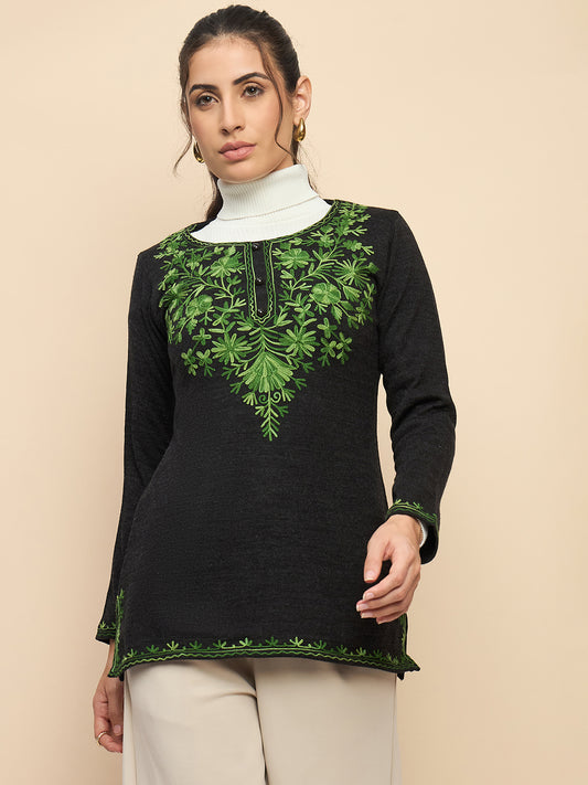 Women's  Kurta with Green Floral Embroidery, Long Sleeves, winter wear Grey mixture