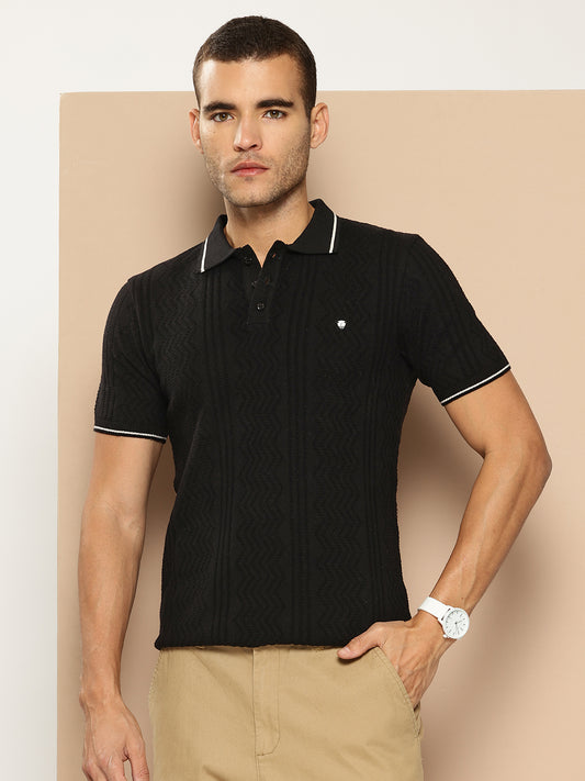 CLAPTON Men Knitted Textured Polo Collar T-shirt black