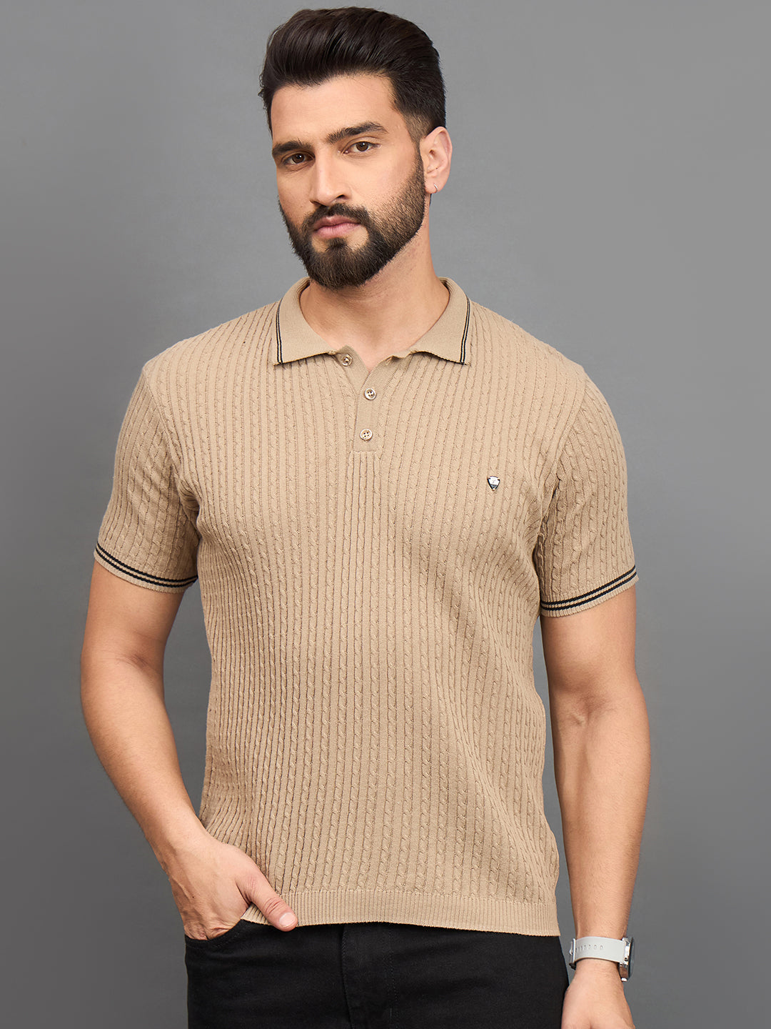 CLAPTON Men Knitted Polo Collar T-shirt  Beige
