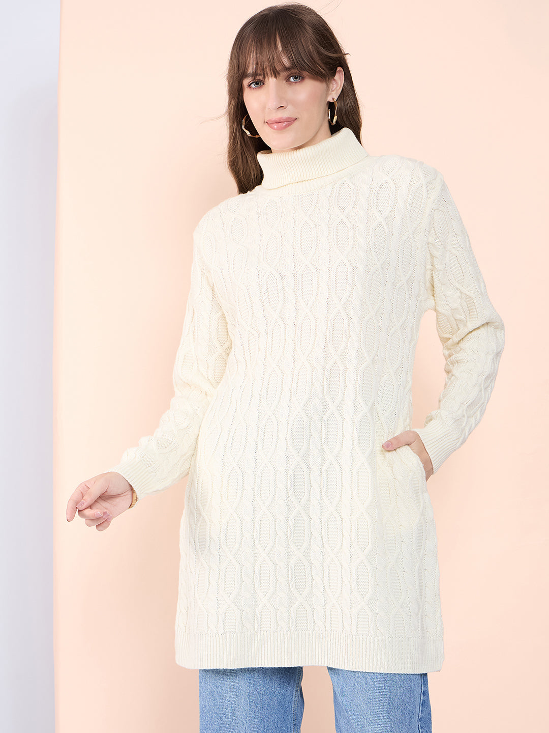 Clapton High Neck Cable Knitted Woolen Dress Cream